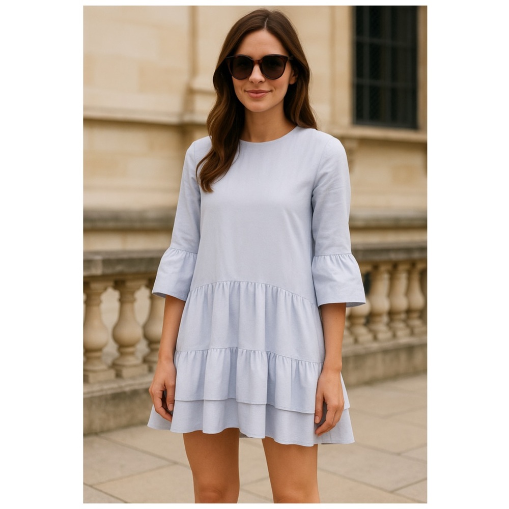 ZARA Pastel Blue Bell Sleeve Ruffle Hem Cotton Mini Dress Size M